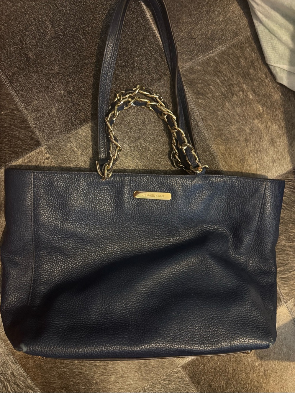 Michael Kors Navy Leather Tote with Gold Chain Accent